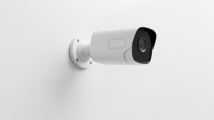 A white security camera mounted on a white wall