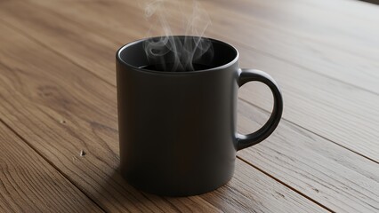 A steaming mug on a wooden surface, close up view