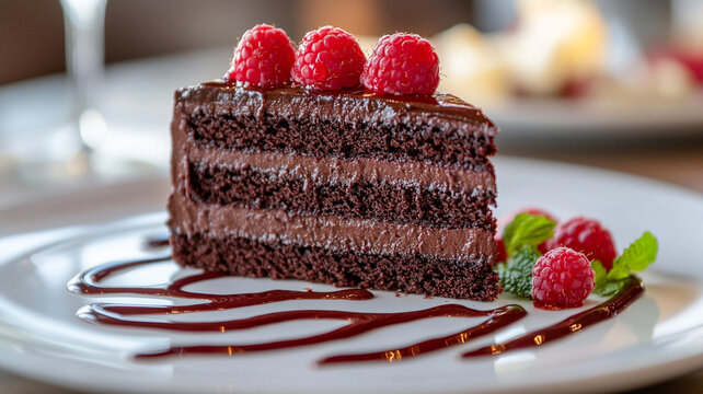 Decadent slice of chocolate layer cake with creamy ganache frosting, raspberry drizzle, and fresh berries. - Powered by Adobe