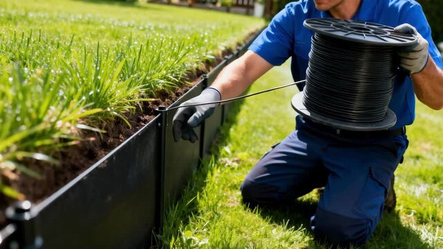 Closeup of a technician installing the boundary wire around a lawn perimeter to guide an autonomous lawn mower during setup