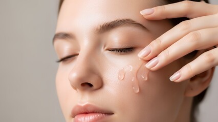 Woman applying skincare gel on her face closeup view