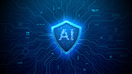 Cyber security concept. Digital shield icon glowing on circuit board background. Cyber protection concept with futuristic technology elements and bright blue light effects for data safety.