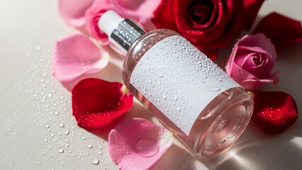 Clear bottle with water droplets and rose petals