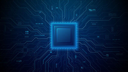 Abstract tech background featuring AI-powered circuit design with semiconductor microchip elements and flowing data streams in luminous blue digital atmosphere. Tech vector illustration.