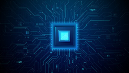AI circuit board background with glowing data pathways and semiconductor chip technology creating futuristic digital network patterns in blue electric light. Tech vector illustration. Blue background