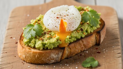 Avocado toast with poached egg on wooden board
