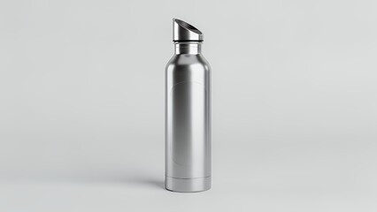 A stainless steel water bottle on a white surface