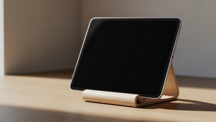Tablet device on a wooden stand with a blank screen