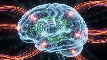 Cutting-edge brain visualization showing data flow and neural connections, ideal for scientific research, AI development, and medical innovation presentations