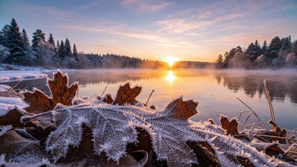 Frost covered leaves reflect sunrise over misty water and pine forest landscape - Powered by Adobe