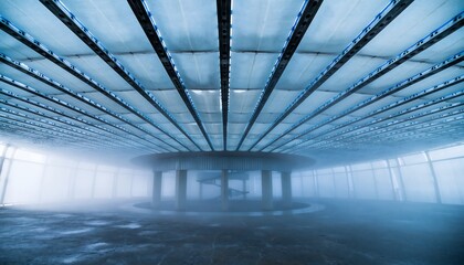 Atmospheric, wide-angle view inside a large industrial or architectural space, with a low ceiling and repeating rectangular panels illuminated in cool blue light, creating a sense of depth.