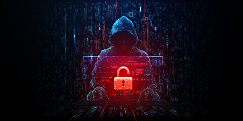 Naklejka premium Cyber security threat concept with hacker silhouette in low poly style. Glowing red lock icon on dark digital background symbolizes online fraud and cyber attack danger. Vector illustration 