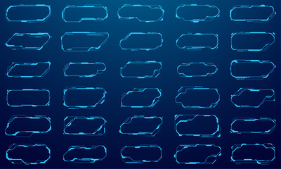 Modern HUD interface with digital tech frames and glowing blue callouts. Futuristic UI elements for cyberpunk dashboard design with data panels and holographic bars. Digital vector illustration.