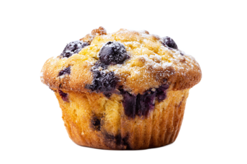 Delicious blueberry muffin isolated on transparent background, close up view