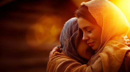 Visitation: Mary and Elizabeth embrace, joy between mothers, hill country home glow, promise fulfilled, with copy space