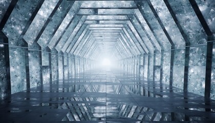 Futuristic tunnel interior with glowing light at the end, featuring crystalline or icy hexagonal architecture and reflective wet floor, creating a sense of depth and science fiction journey.
