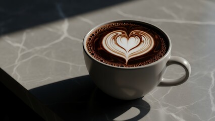 A latte with a heart on a marble surface in sunlight