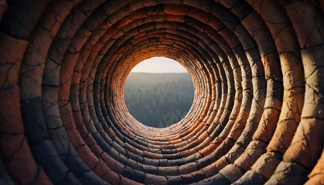 View looking up through a circular brick kiln tunnel towards a bright opening revealing a distant forest landscape under a pale sky, creating a strong sense of depth and perspective.