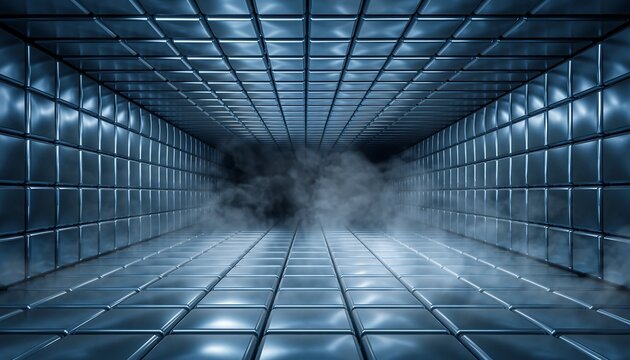 Futuristic interior space with metallic quilted walls and floor, illuminated by dim blue light, with smoke or fog creating a mysterious and dramatic atmosphere in a dark room.