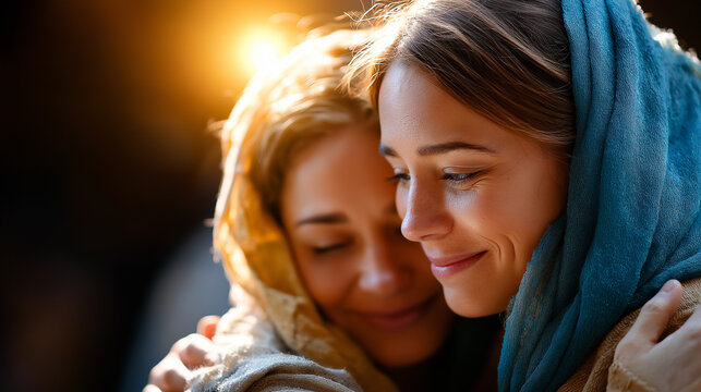 Visitation: Mary and Elizabeth embrace, joy between mothers, hill country home glow, promise fulfilled, with copy space