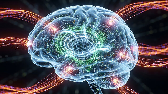 Cutting-edge brain visualization showing data flow and neural connections, ideal for scientific research, AI development, and medical innovation presentations - Powered by Adobe