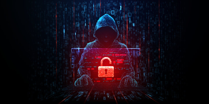 Cyber security threat concept with hacker silhouette in low poly style. Glowing red lock icon on dark digital background symbolizes online fraud and cyber attack danger. Vector illustration 