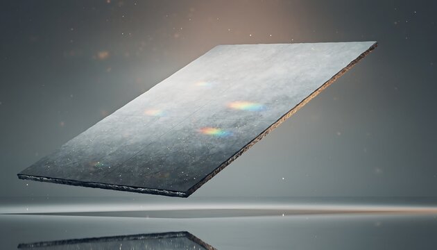 Digital rendering of a thin, rectangular, dark slate or panel floating in a dimly lit, atmospheric space with subtle light flares and particle effects, suggesting technology.