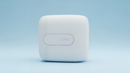 A white square device with logo on light blue back