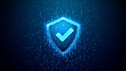 Cyber security background. Digital shield icon protecting cyber data with futuristic 3D technology design. Blue network security concept for safe information systems and data protection solutions. 