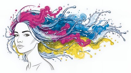 Woman with colorful flowing hair and water splashes