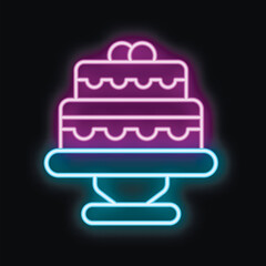 Neon sign of cake standing on a pedestal on black background