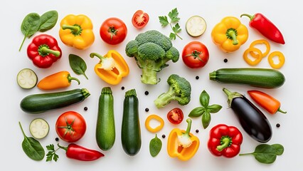 Assorted fresh vegetables arranged on white surface