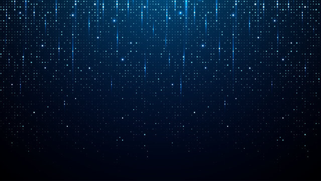  Blue tech background with pixel patterns and abstract data visualization for modern digital technology presentations and fintech design projects. Futuristic tech bg. Digital pixel rain.