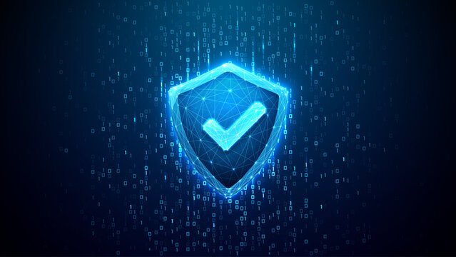 Cyber security background. Digital shield icon protecting cyber data with futuristic 3D technology design. Blue network security concept for safe information systems and data protection solutions. 