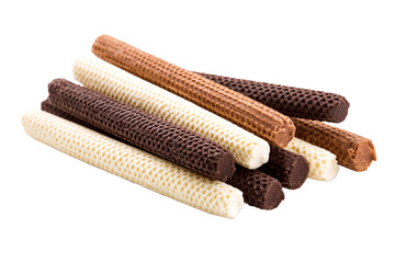 Pile of assorted wafer rolls isolated on transparent background