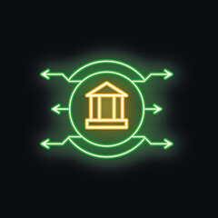 Glowing neon icon of a bank building surrounded by arrows pointing at it, symbolizing its importance in finance and economy