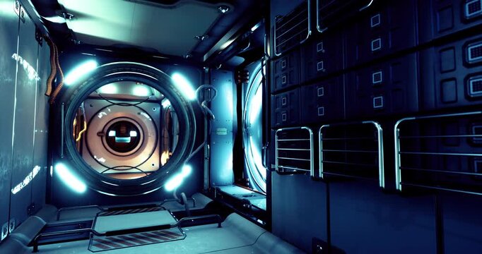 The airlock chamber onboard the International Space Station is illuminated by blue lights. This chamber is where astronauts prepare for spacewalks and equipment exchanges.