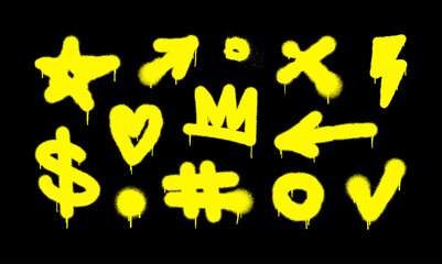 Simple spray graffiti, dirty style with dripping paint. Acid neon yellow color. Street art, urban wall aerosol elements. Graffiti art with effect spray - Heart, arrows, star, crown and others. Vector