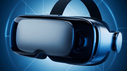 Close up of a black vr headset on a blue background