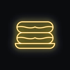Neon food sign of a stacked triple burger on a plate glowing on a black background