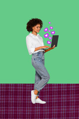 Pop image sketch 3d collage poster of happy girl guy receive like reaction popular blog feedback...