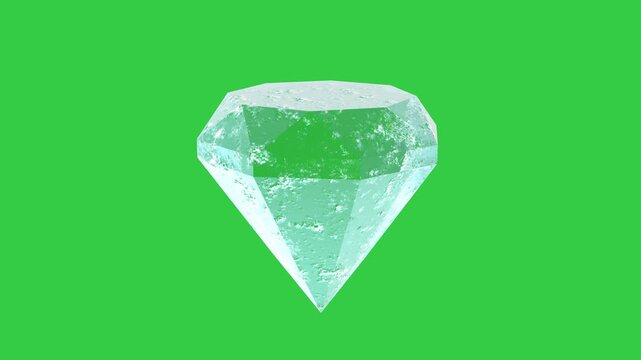Transparent icy crystal with elegant faceted cuts smoothly rotates on chroma key background, seamless looped 3D animation