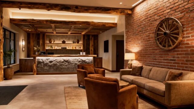 Medium shot capturing the rustic charm of a hotel lobby adorned with natural wood accents exposed brick walls and cozy earthtoned furnishings.