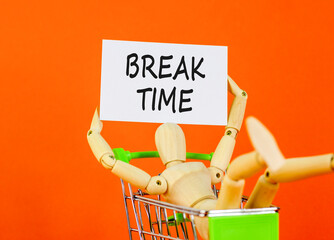 Break time symbol. Concept word Break time on beautiful white paper. Beautiful wooden clothespin. Beautiful orange background. Businessman's model. Business break time concept. Copy space.