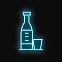 Fototapeta premium Neon sign of a bottle and glass glowing blue on a wall at night