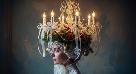 Surreal Christmas portrait of a woman wearing a lit chandelier crown with fir branches and ribbons. Mystical winter fairy tale queen in vintage lace bonnet. Fantasy holiday concept