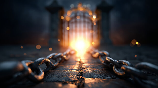 Peter freed from prison, chains fallen, bright messenger light, opened iron gate, midnight deliverance, with copy space