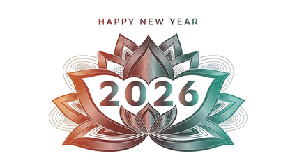 Happy new year card with lotus flower and year number two thousand and twenty six on white background silhouette