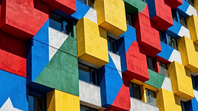 Vibrant colored precast facade panels arranged artistically on the buildings exterior showcasing bold contrasts and dynamic architectural design.