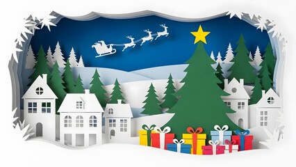 Fototapeta premium Magical Christmas Eve scene with Santa flying over a charming winter village landscape